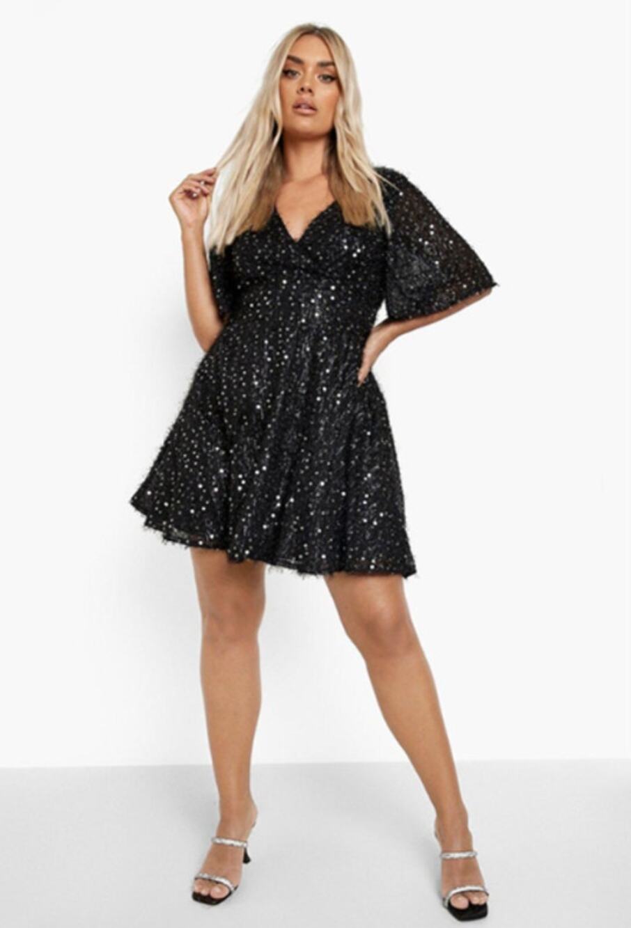 Boohoo Sequin Kimono Flared Sleeve Skater Dress Going out Dress Black Plus 16 XL
